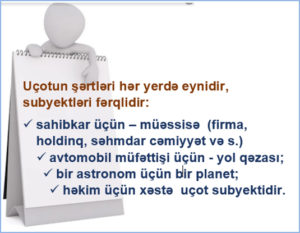 Sahibkar üçün uçotin subyekti müəssisə, firma, astranom üçün planet, həkim üçün xəstədir.